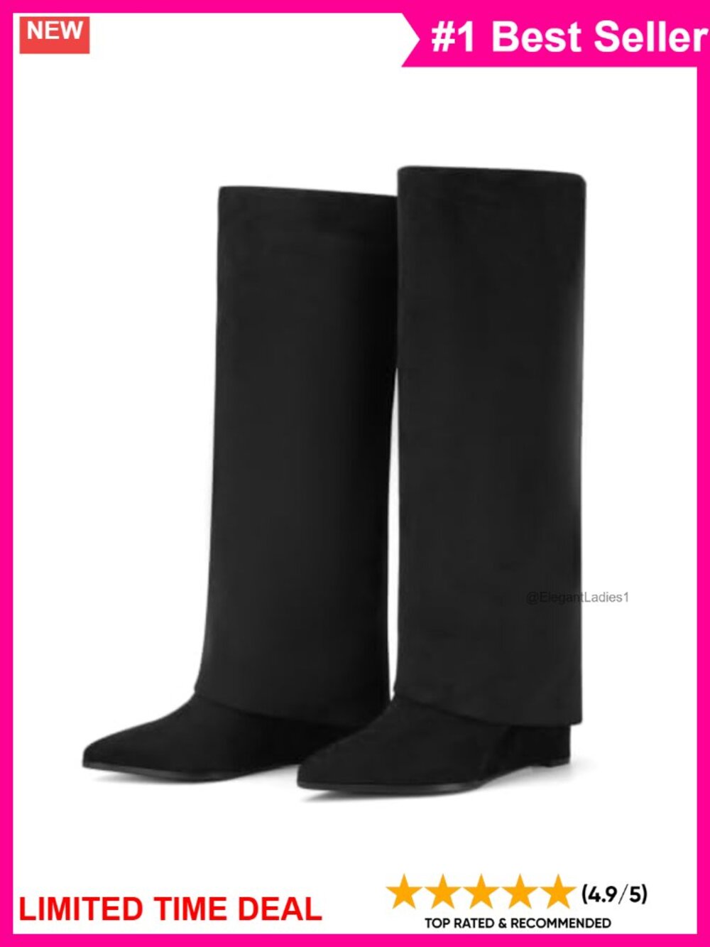 Faux Suede Knee High Wedge Boots Pointed Toe Slouchy Fold Over
